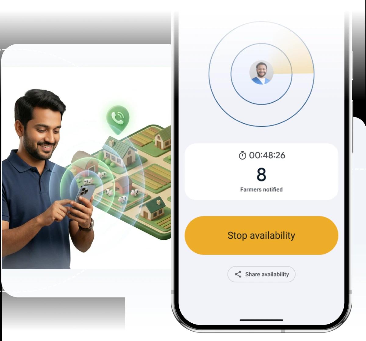 A service provider sharing live availability with farmers nearby on Nitara Radar
